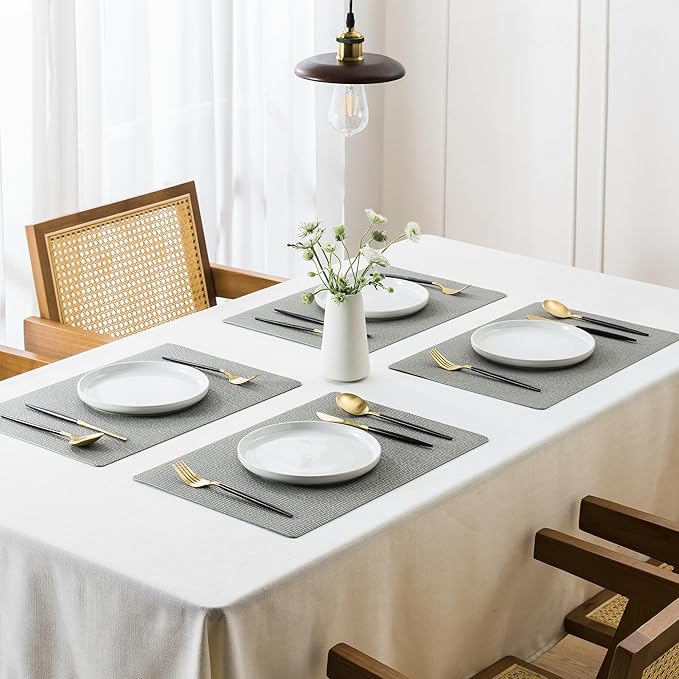 Jovono Faux Leather Placemats Set of 6, Waterproof Washable Table Mats, Easy-Clean Heat Resistant Kitchen Vinyl Place Mat for Dining Table, Restaurant, Indoor, 17.8"x11.8", Light Gray