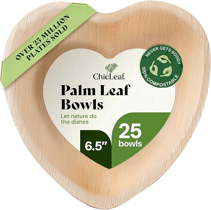 Chic Leaf Palm Leaf Bowls - Mini Disposable Heart Shaped Bamboo Style Plates - Paper Plates Alternative for Weddings & Parties - Compostable, Bridal Shower & Romantic Dinner for 2 (6.5'' - 25 Pack)