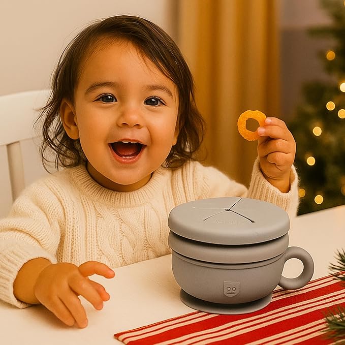 TalkTools Itsy Bowl with Locking Lid - Platinum grade silicone with Volume Lines, Curved Walls for Easy Scooping - for Babies, Toddlers, Children, and Elderly - Snack Cup Lid Accessory (Cloud)