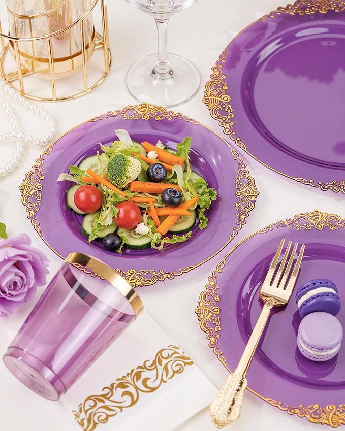 Nervure 175PCS Purple Plastic Plates - Disposable Purple Gold Party Plates & Pre Rolled Napkins with Cutlery for 25 Guests, 50Plates, 75Silverware, 25Cups, 25Napkin for Wedding & Party