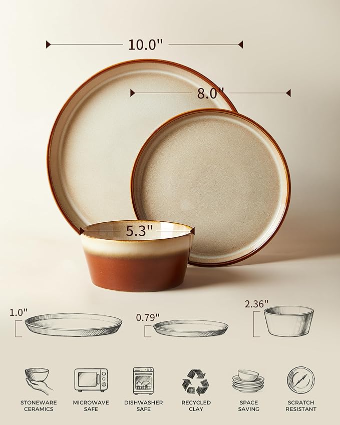 Dinnerware Set for 6, Ceramic Dish Sets, Plate and Bowl Set, Microwave & Dishwasher Safe Dishware Set, Chip & Scratch Resistant Dinner Set, Each Piece Unique, Amber Brown