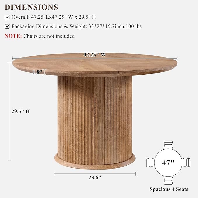 T4TREAM 47" Fluted Round Dining Table for 4-6, Mid-Century Modern Kitchen Table with Thickened Edge & Cylindrical Base for Dining Room, Kitchen, Living Room,Light Knotty Oak(Table Only)