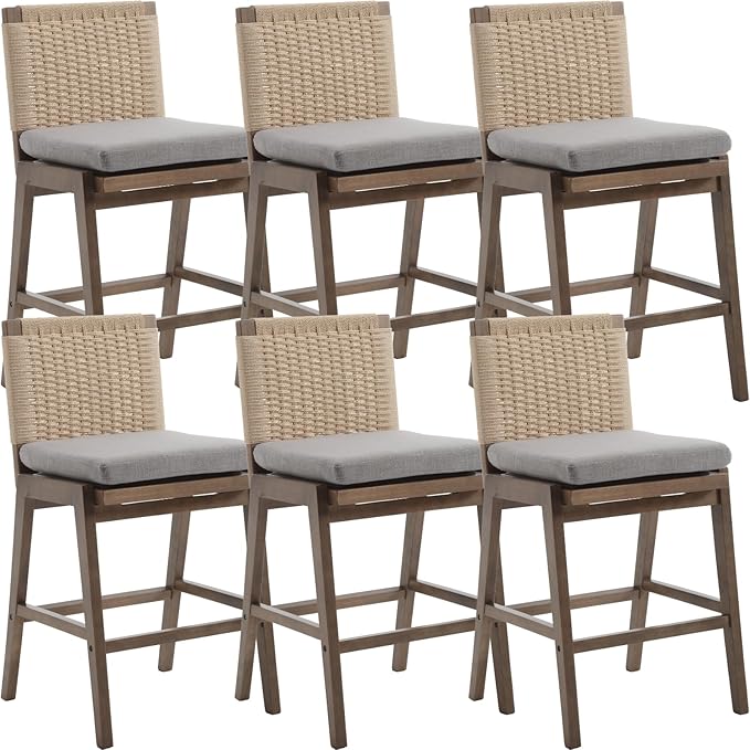 Mid Century Modern Counter Height Barstools Set of 6, 27” Linen Upholstered Counter Stools with Rope Woven Back Wooden Farmhouse Bar Stools for Kitchen Island Dining Room,Grey