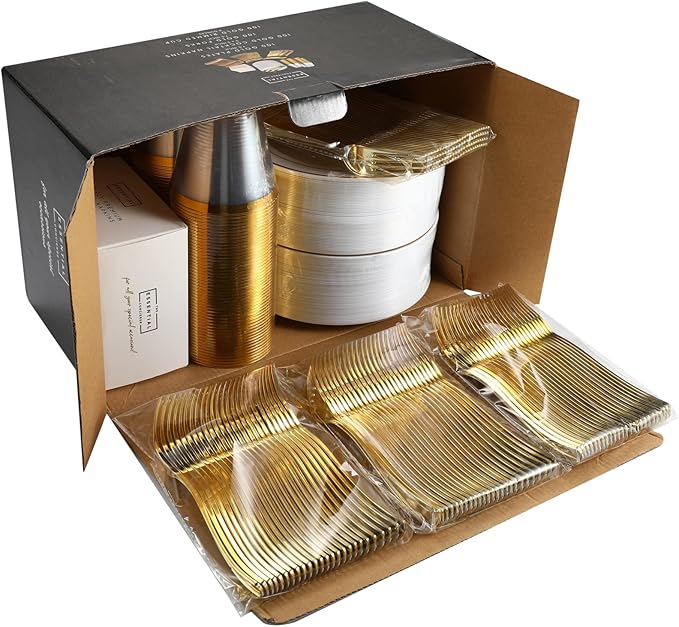 The Essential Concierge Stylish 7.5 Inch Gold Dessert Plates with Disposable Cups, Forks and Cocktail Napkins (100 Set) - White and Gold Plastic Dessert and Cake Plates for Wedding or Receptions