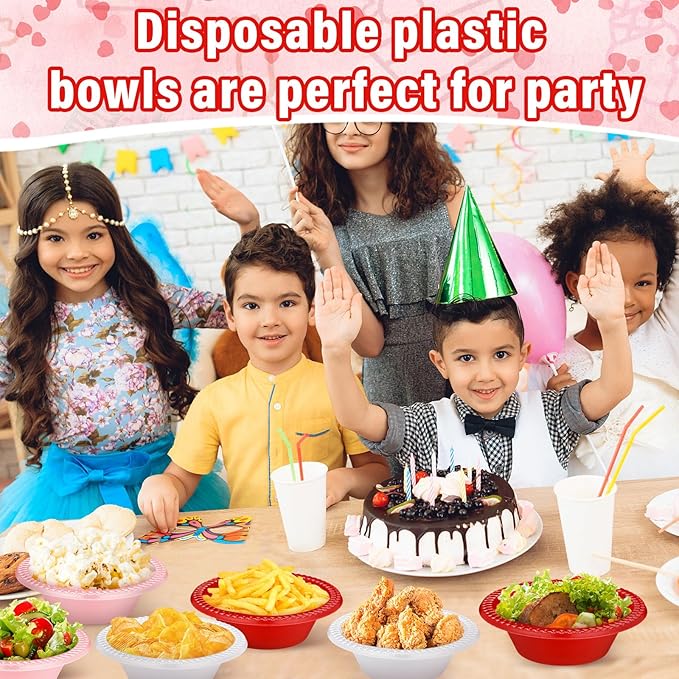 Layhit 100 Pcs Valentine's Day Plastic Bowls 12 oz Red Pink White Disposable Plastic Dessert Serving Party Supplies Salad Candy Snack Bowls for Holiday Wedding Party Picnic