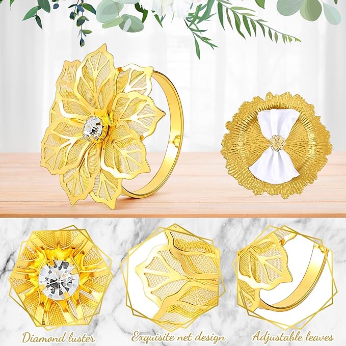 Dandat 24 Pcs Charger Plate Bulk 13'' Floral Reef Plates with Napkin Ring Plastic Dinner Charger Hollow Out Flower Napkin Holder Plastic Plate for Table Setting Wedding Party (Gold)