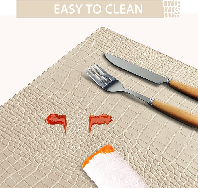 Jovono Faux Leather Placemats Set of 6, Waterproof & Heat Resistant Dinner Place Mats for Dining Table, Non-Slip Crocodile Embossed, Beige (17.8x11.8 Inch)