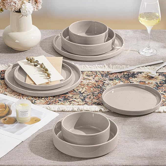Herogo 8 Piece Plates and Bowls Set, Ceramic Dinnerware Sets with Pasta Bowls, Kitchen Dinner Ware Dishes Service for 2, Chip & Scratch Resistant Dishware, Speckled Coffee Brown