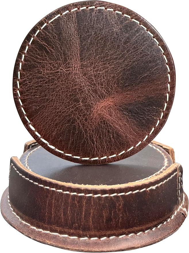 Leather Coasters for Drinks - Cup Coaster Coffee Table Kitchen Table Bar - Set of 6 with Holder for Table Top Protection - Luxurious Home Decor & Housewarming Gift