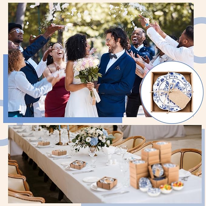 48 Pcs Wedding Favors for Guests Small Ceramic Bowl Bulk Gifts Set 3.3 Inch Floral Design Mini Dipping Sauce Dish with Card Box for Bridal Pooja Baby Shower Birthday Guest Gift (Blue)