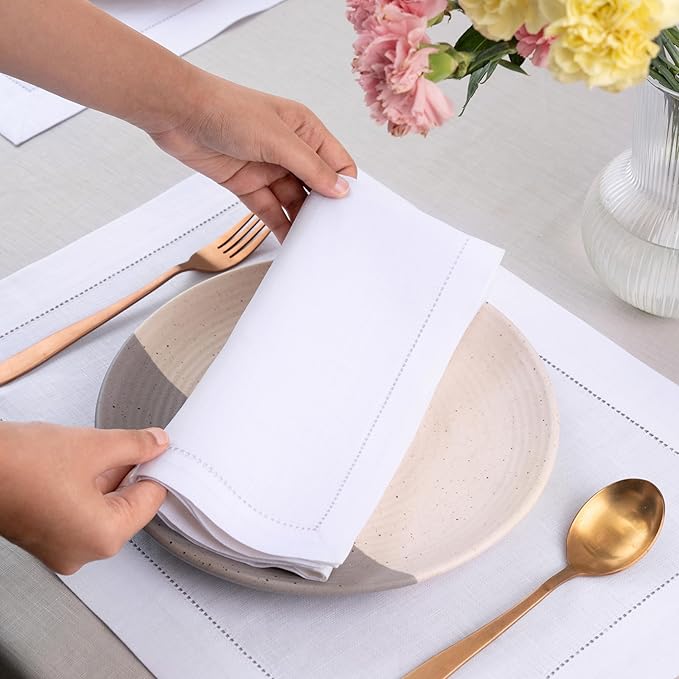 D'Moksha Homes White Linen Napkins Set of 4 - Classic Hemstitch 100% Pure Linen Hemstitch Dinner Napkins 20 x 20 Inch for Valentines, Spring, Easter - Handcrafted and Machine Washable