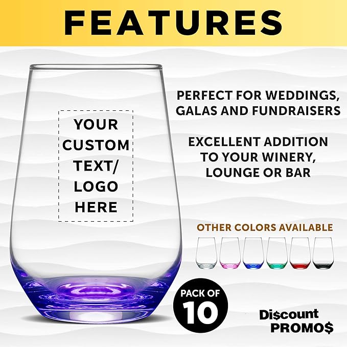 DISCOUNT PROMOS 10 Vaso Silicia Stemless Wine Glasses Set, 16 oz. - Personalized Text, Logo - Clear, Orb-Like, Thick base - Purple