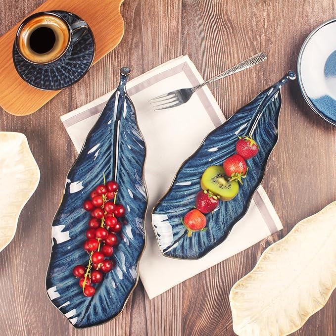Ceramic Platter Olives Plate Set of 2, Large Serving Trays Salad, Appetizer, Cheese, charcuterie, Biscuits and snacks, Plate for Entertaining, Dishwasher Microwave Safe, Royal blue 17 Inch