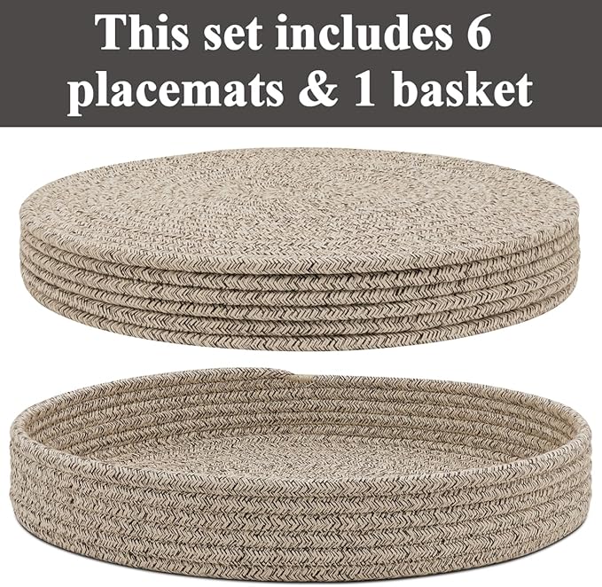 Round Placemats Set of 6 with Holder, Cotton Rope Woven Place Mats, Hot Pads for Kitchen, Heat Resistant Table Mats, 13 Inch Farmhouse Washable Braided Placemat for Kitchen Decor (Brown)