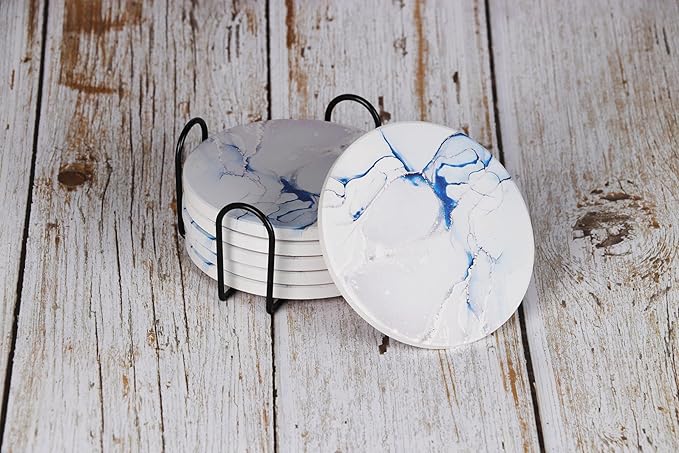 Marble Ceramic Coasters with Metal Holder 6 Pcs Abstract Absorbent Drink Round Ceramic Table Coasters Set Decorative Coffee Cup Beverage 4 Inches- Light Blue
