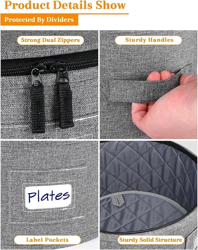 punemi China Storage Containers, Dish Storage w/Hard Shell Top Side Bottom Support & Felt Dividers for Charger Plates Dinnerware, Perfect for Moving Supplies, 4 set Stackable Fine China Storage, Gray