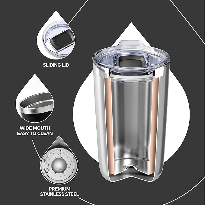 Ideus 20 oz Tumbler, Travel Coffee Mug with Splash Proof Sliding Lid, Double Wall Stainless Steel Vacuum Insulated Coffee Mug for Home and Office, Keep Beverages Hot or Cold, Black
