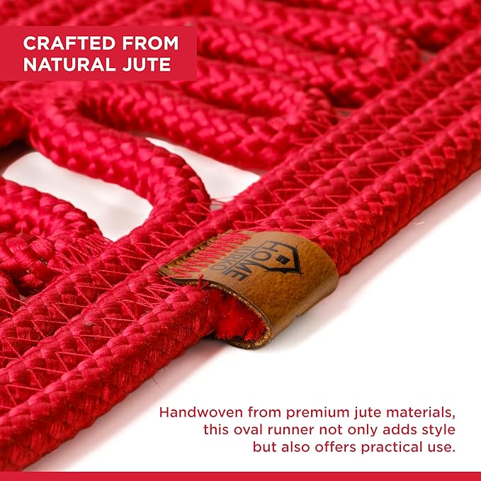 Oval Jute Table Runner | Woven Braided Dining Runner | Natural Textured Rattan Table Runner for Dining Table Coffee Table or Patio 11.8 x 27.5 (Red)
