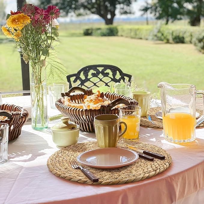 Aneco 24 Pack 13.8-Inch Round Woven Placemats Natural Hand-Woven Boho Rattan Wicker Bulrush Placemat Farmhouse Rustic Braided Table Mats for Dining & Kitchen Decor