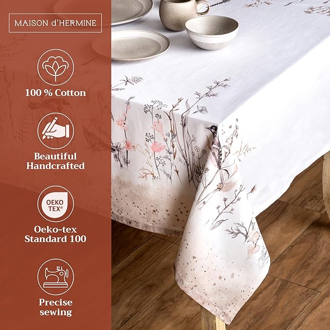 Maison d' Hermine Table Cloth Rectangle Table 100% Cotton 60 x 108 Inches Tablecloth Reusable Decorative for Dining Room Farmhouse Home Valentines Day Decorations Spring Summer- Meadow Florals - Brown