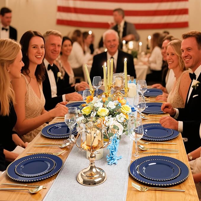 EI 60pcs Dark Blue Plastic Plates with Gold Rim Disposable,Blue Plastic Plates Disposable for Party,Heavy Duty 10" Dinner & 7" Dessert Plate Fancy Elegant Plate for Wedding,Birthday,Afternoon Tea