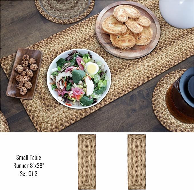 Homespice Cookie Dough Jute Braided Dinner Table Runner, Rustic Country Decor, Set of 2, Brown Rectangle 8x28 - Rich Colors, Easy to Clean, Durable and Protects Furniture