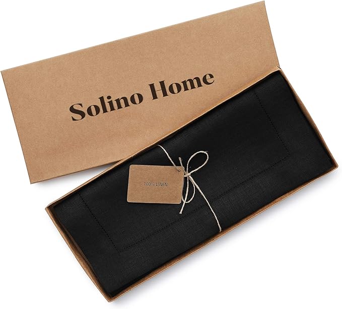 Solino Home Linen Black Table Runner 90 Inches Long - 100% Pure Linen Hemstitch 14 x 90 Inch Table Runner for Dining, Spring, Easter - Classic Hemstitch