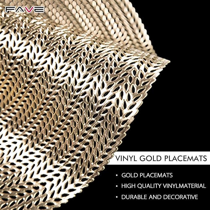FAVE 8PCS Gold Vinyl Round Placemats, Wheat Sheaf Design 15 Inch Placemats Set of 8 Washable for Dining, Events, Banquet, Home & Daily Use (Gold Wheat,8pcs)