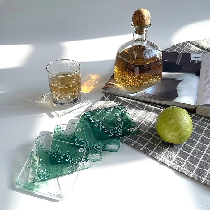 Park City, UT 3D Contour Map Glass Drink Coasters of Mountains, Ski Resort, Set of 6 with Holder, Housewarming Birthday Gifts, Home Decor