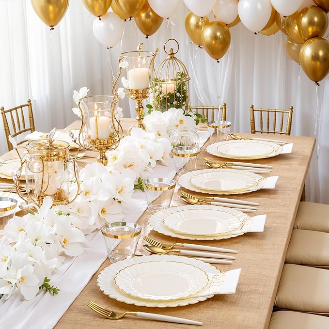 Ciaell 175 PCS Ivory Scalloped Plastic Plates - Gold Disposable Plates Fancy High-end Dinnerware Sets for Wedding & Party (25 Guests)