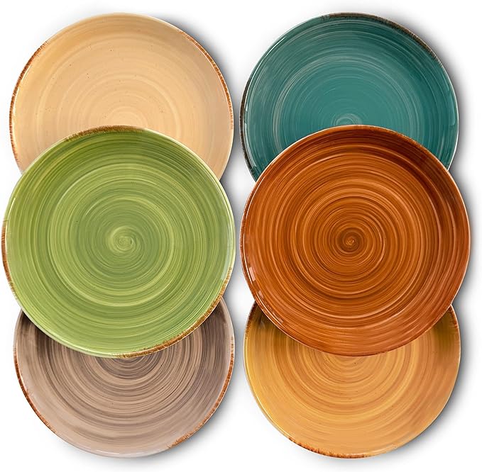 MORA Ceramic Helix Swirl Salad Plates Set of 6, 8in Spiral Porcelain Dish for Kitchen, Small Dinner, Lunch, Appetizer, Dessert, etc - Dishwasher, Microwave, Freezer, Oven Safe Dishware - Earth Colors