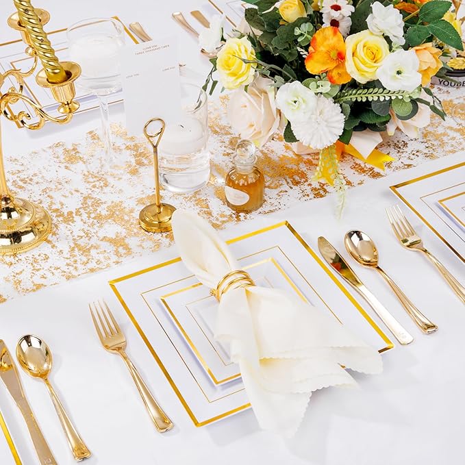 Liacere 100PCS White and Gold Square Plastic Plates-50PCS Heavy Duty 9.5inch White Dinner Plates and 50PCS 6inch White Dessert Plates - Gold Plastic Plates for Party & Christmas & New Year