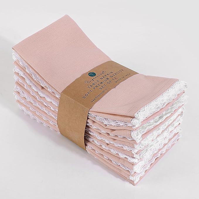 Fingercraft Dinner Cloth Napkin Cotton Linen Set of 12 Mitered Corners with Natural Elegant Lace for Everyday Use Napkins are Pre Shrunk and Good Absorbency with Lace 20x20 in Dusty Pink