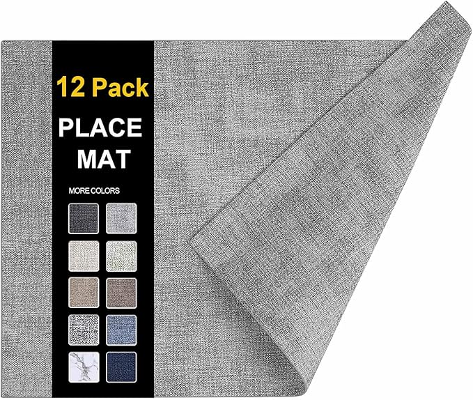 homing Faux Leather Heat Resistant Placemats 12 Packs, Waterproof Wipeable Dining PU Place Mats for Indoor & Outdoor, Easy to Clean, Light Grey