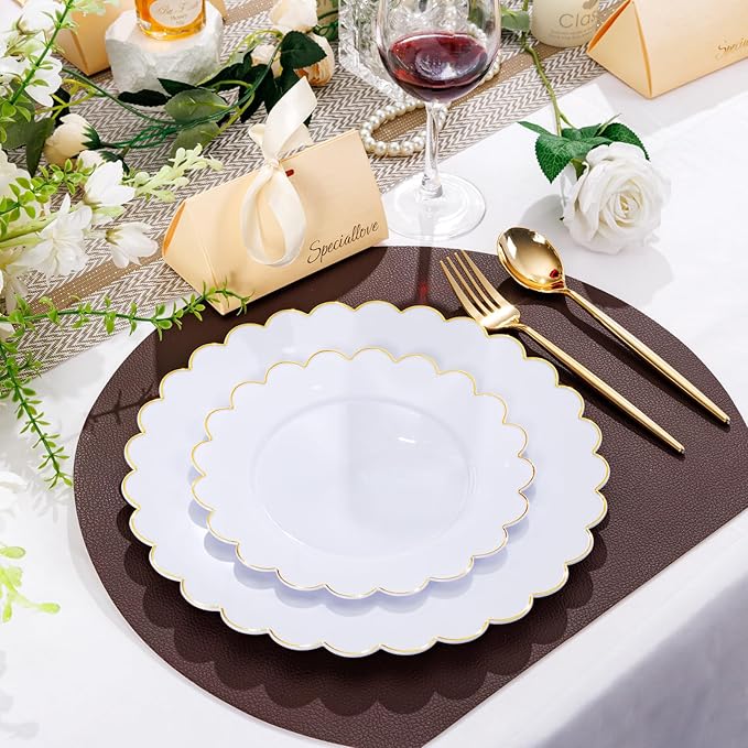 LIYH 60 Pcs Gold White Plastic Plates Scalloped Plastic Holiday Plates Disposable Gold Combo Plate Includes 30 Dessert & 30 Dinner Plate Dishes for Valentine's Day and Mother's Day
