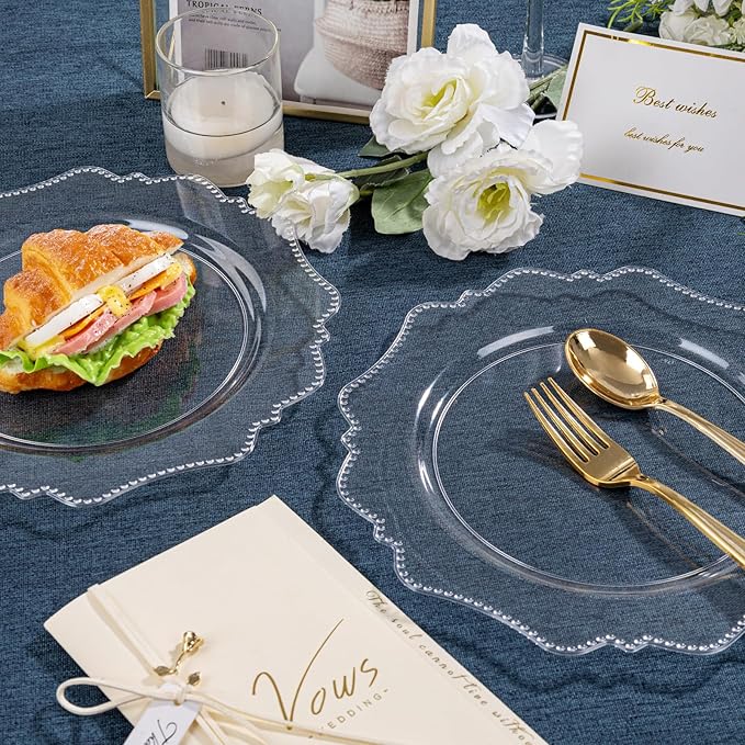 COLOSUS 100pcs 9.5 Inch Clear Plastic Plates,Heavy Duty Disposable Dinner Plates,Fancy clear Plates,Premium Plastic Dinner Plates for Party,Thanksgiving and Everyday Use