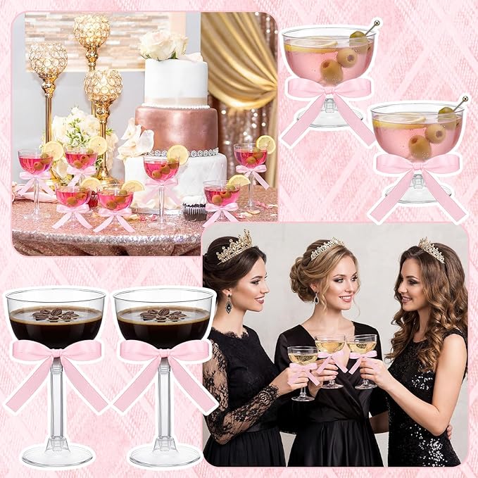 20 Set Disposable Plastic Martini Glasses with Pink Bow 6.5 oz Clear Coupe Glasses Acrylic Champagne Tower a Tini Bit Party Favor Cocktail Unbreakable Dessert Glass for Wedding Birthday