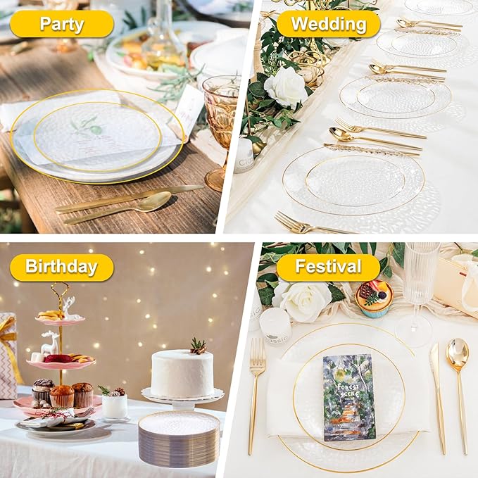 Rubtlamp 100 Pcs Clear Gold Plastic Plates, Hammered Party Plates, Clear Disposable Dessert Plates,Clear Gold Plates 7 Inch, Gold Plastic Dessert Plates Disposable For All Occasions