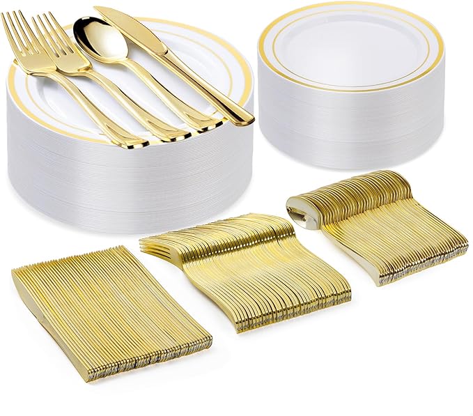 Bestvip 150PCS Gold Plastic Plate Set (25 Guests), Plastic Plates for Party Wedding Birthday, Disposable Dinnerware Set of 50 Plastic Plates, 50 Forks, 25 Spoons, 25 Knives