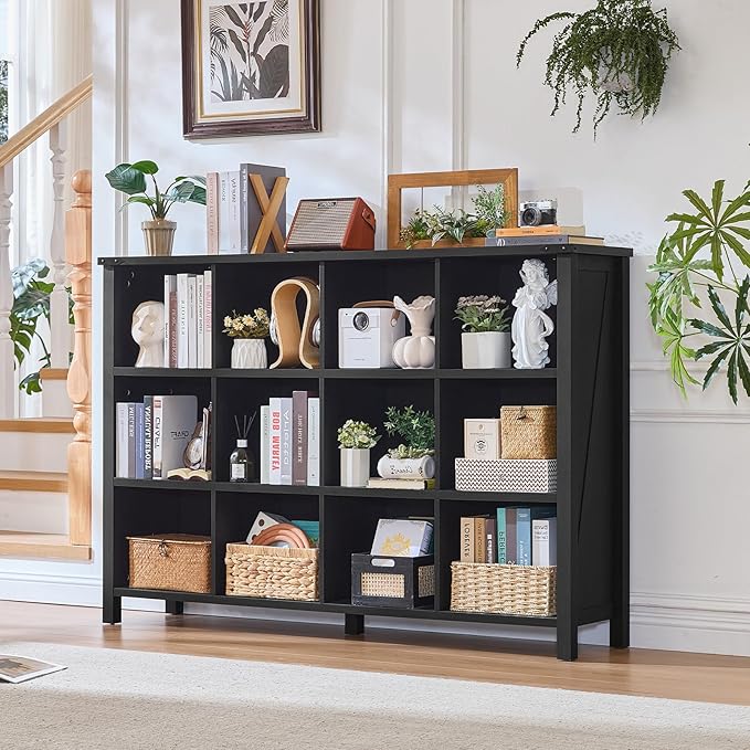 12 Cube Storage Organizer, Farmhouse 62 Inch Wide Black Oak Display Bookshelf, Wooden 3 Tier Large Open Book Shelf, Vintage Bookcase for Home Office, Cubby Cabinet for Living Room, Office