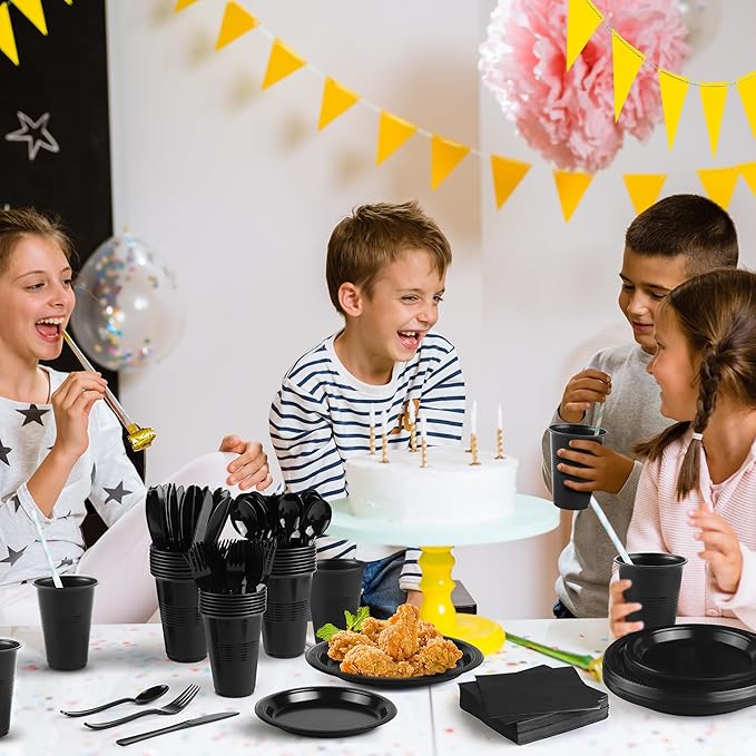 Kochorie 240 Pieces Black Plastic Dinnerware Set for 30 Guests Disposable Heavy Duty Plates Napkins Cups and Silverware Dessert Dinner Plates for Birthday Wedding Halloween Party Supplies