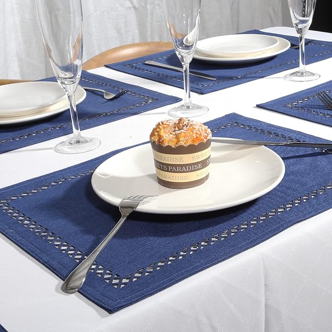 Placemats Set of 6 for Dining Table with Hollow Edge Design- Table Mats 12x 18 Inch, Cloth Place mats Machine Washable (Blue 6pcs)