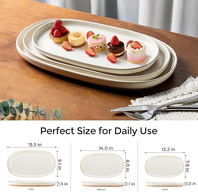 AmorArc Large Ceramic Serving Platter, 15.5"/14"/12.2" Oval Platters Microwave Safe, Serving Trays for Wedding, Stoneware Serving Dish for Entertaining&Party, Set of 3
