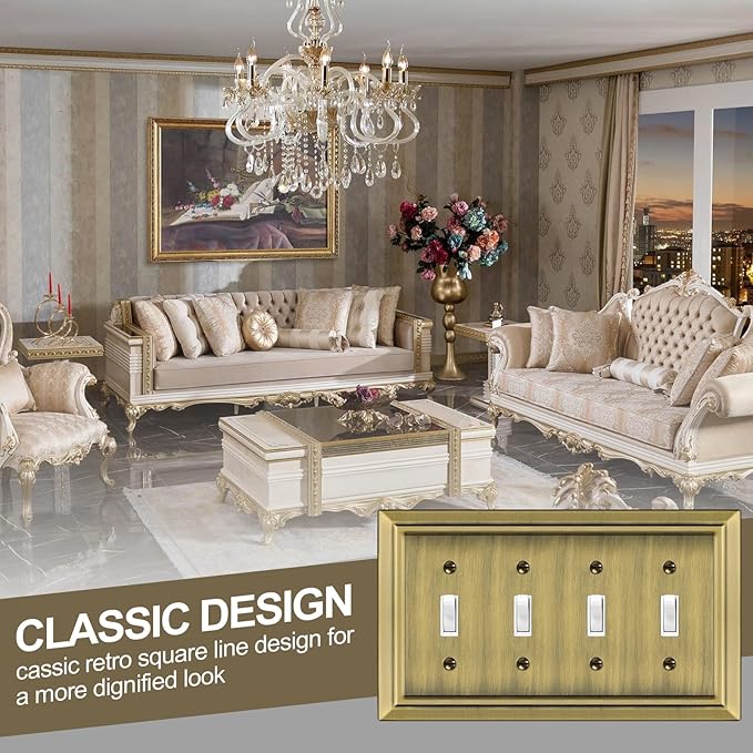 Metal Wall Plate for Electrical Outlets, Decorative Antique Brass Switch Plates Outlet Cover, Light Switch Cover Plate, 4-Gang Wall Plates (Quad Toggle, 1 Pack)