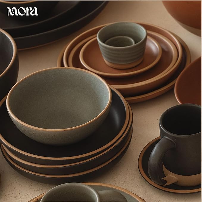 MORA Medium Bowls Set of 4, 28oz Ceramic Pottery Everyday Bowls - Microwave, Oven and Dishwasher Safe - Peppercorn