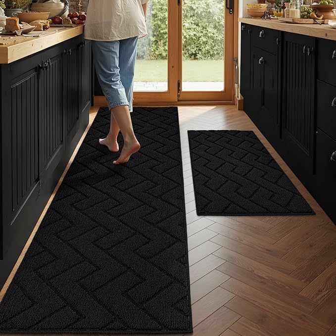 hicorfe Kitchen Rugs and Mats Sets,2 Pieces Super Absorbent Polypropylene Non-Slip Rug,Soft Comfort Floor Mat,Washable for Kitchen,Hallway,Office,Sink,Laundry(20" x 32"+24" x 71",Black)