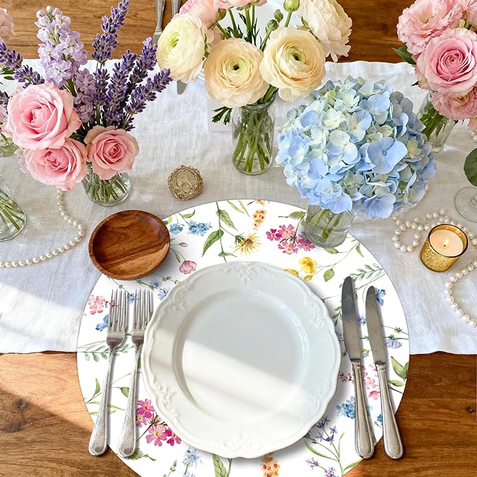 50 PCS Disposable Floral Paper Placemats - Watercolor Wildflower Round Placemat Spring Summer Table Mats for Home Kitchen Dinner Table Dining Party Decoration