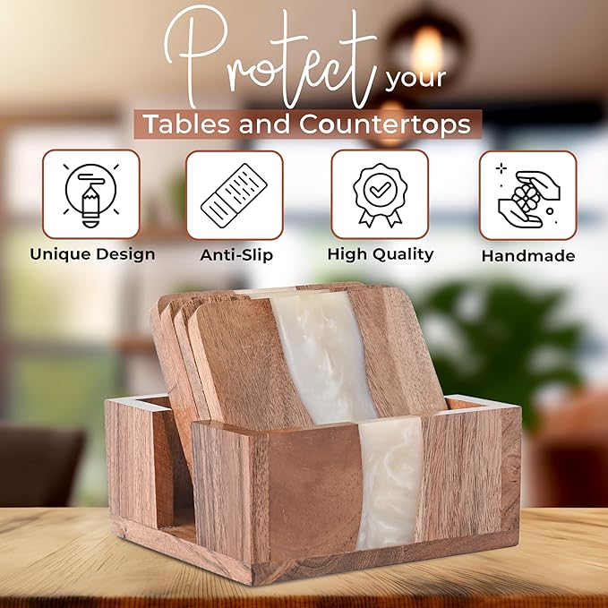 Resin Coasters - Modern Elegant Epoxy Coaster Set with Holder for Office or Bachelor Pad