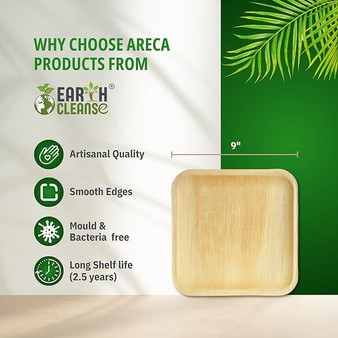 100% Compostable Palm Leaf Plates 9 Inch Square (50 Pack) | Disposable Biodegradable Plates Like Bamboo & Wooden | Microwave & Oven Safe | Eco-Friendly
