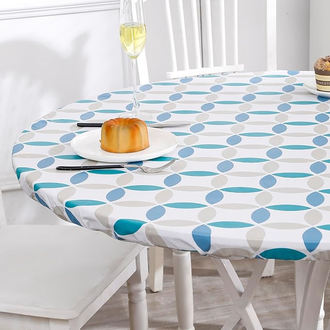 Walrus Round Vinyl Fitted Tablecloth with Flannel Backing Elastic Edge Design Table Cover Waterproof Oil-Proof PVC Table Cloth Stain-Resistant Best for 45"-56" Round